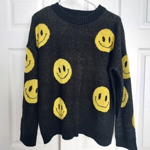 Just Polly Smiley Face Black Sweater Size Medium